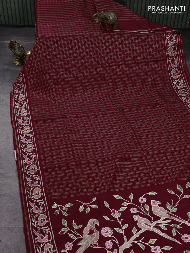 Semi tussar saree deep maroon with allover zari checked pattern and embroidery border
