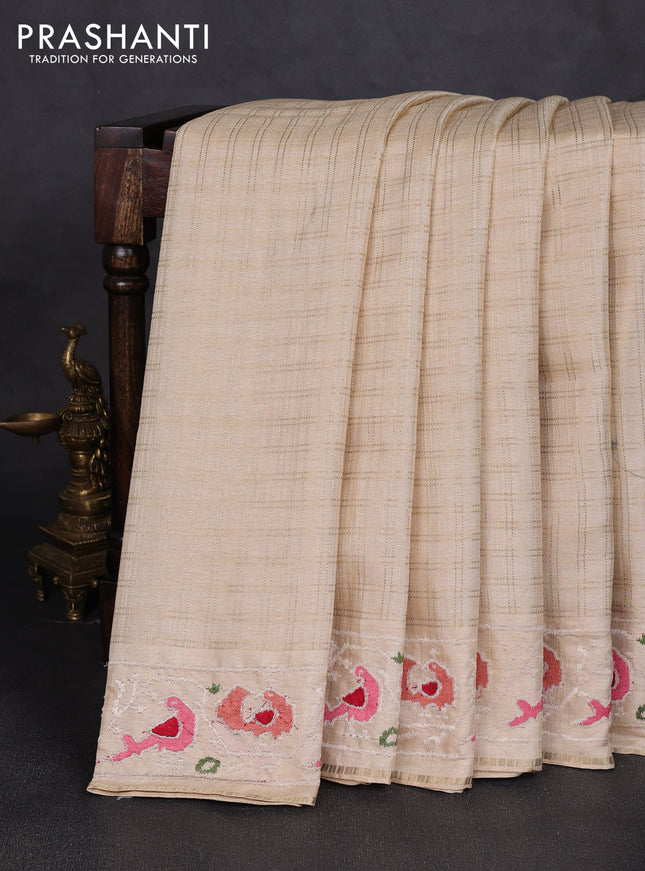 Semi tussar saree beige with allover zari checked pattern and embroidery border