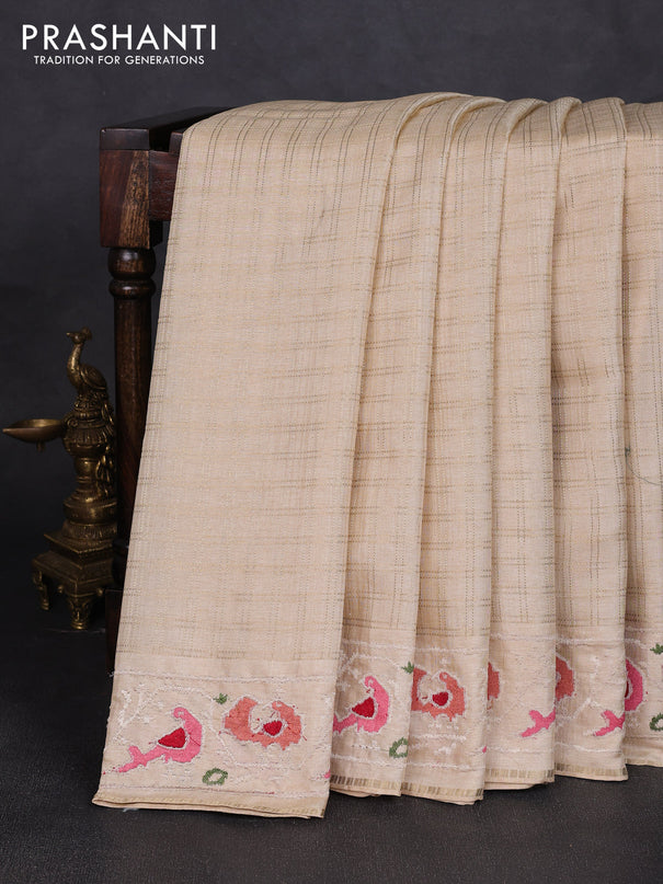 Semi tussar saree beige with allover zari checked pattern and embroidery border