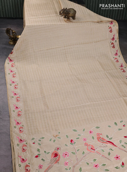 Semi tussar saree beige with allover zari checked pattern and embroidery border