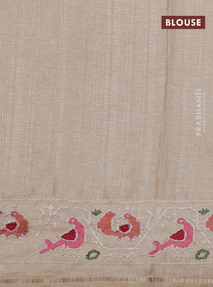 Semi tussar saree beige with allover zari checked pattern and embroidery border