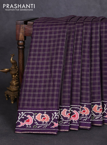 Semi tussar saree deep violet with allover zari checked pattern and embroidery border