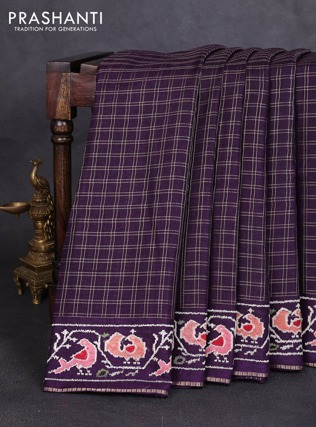 Semi tussar saree deep violet with allover zari checked pattern and embroidery border