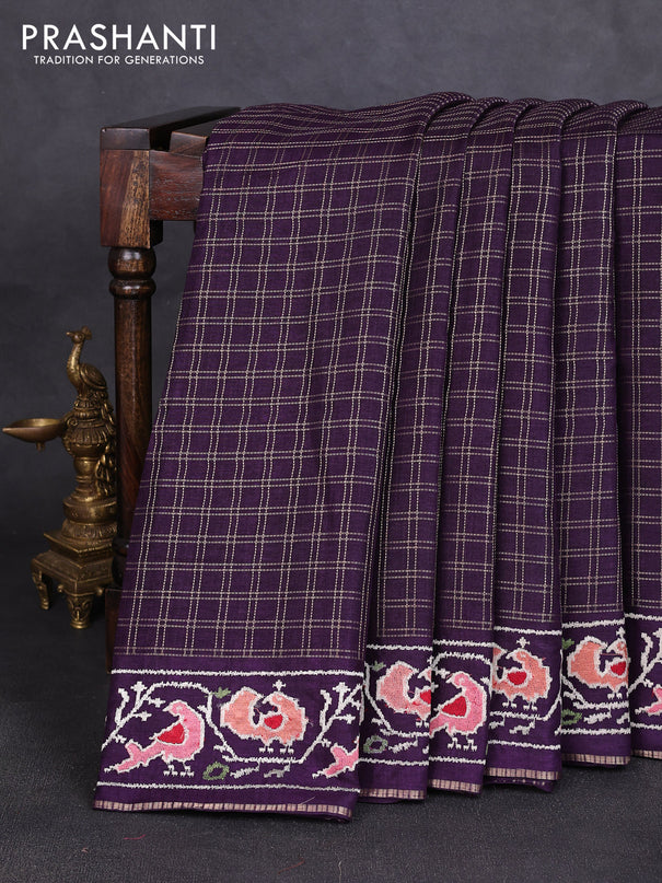 Semi tussar saree deep violet with allover zari checked pattern and embroidery border