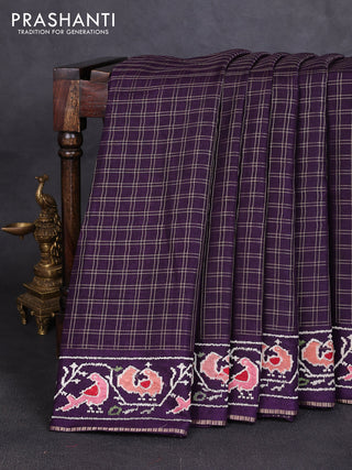Semi tussar saree deep violet with allover zari checked pattern and embroidery border