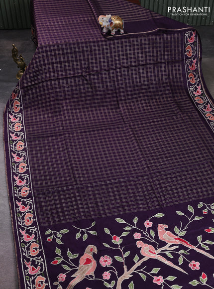 Semi tussar saree deep violet with allover zari checked pattern and embroidery border