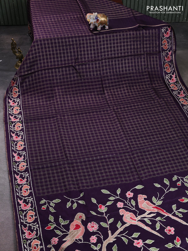 Semi tussar saree deep violet with allover zari checked pattern and embroidery border