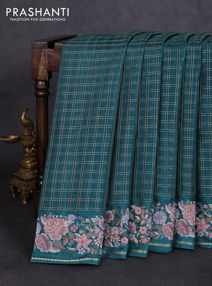 Semi tussar saree peacock green with allover zari checked pattern and convent embroidery border