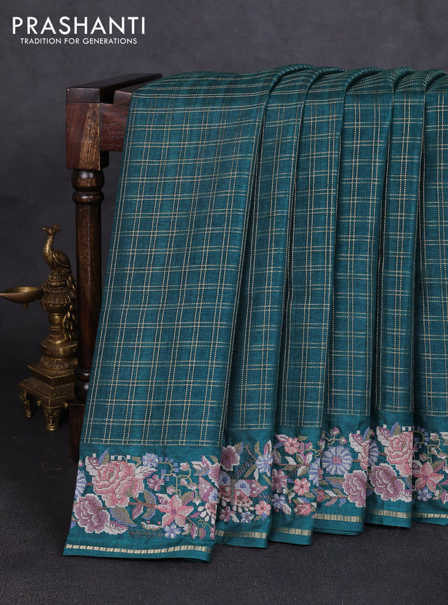 Semi tussar saree peacock green with allover zari checked pattern and convent embroidery border