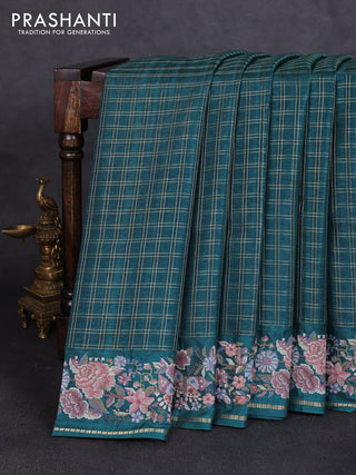Semi tussar saree peacock green with allover zari checked pattern and convent embroidery border