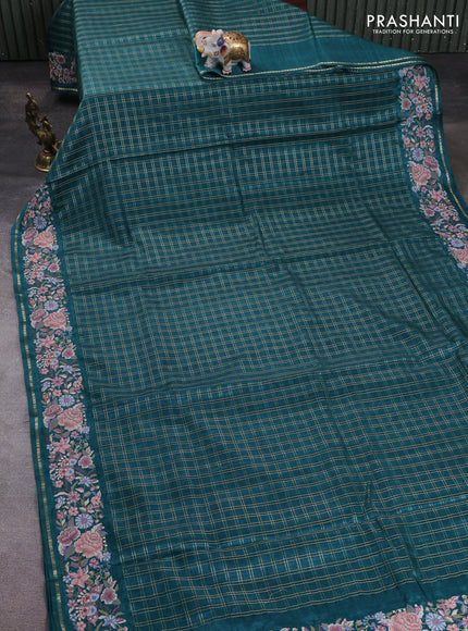 Semi tussar saree peacock green with allover zari checked pattern and convent embroidery border