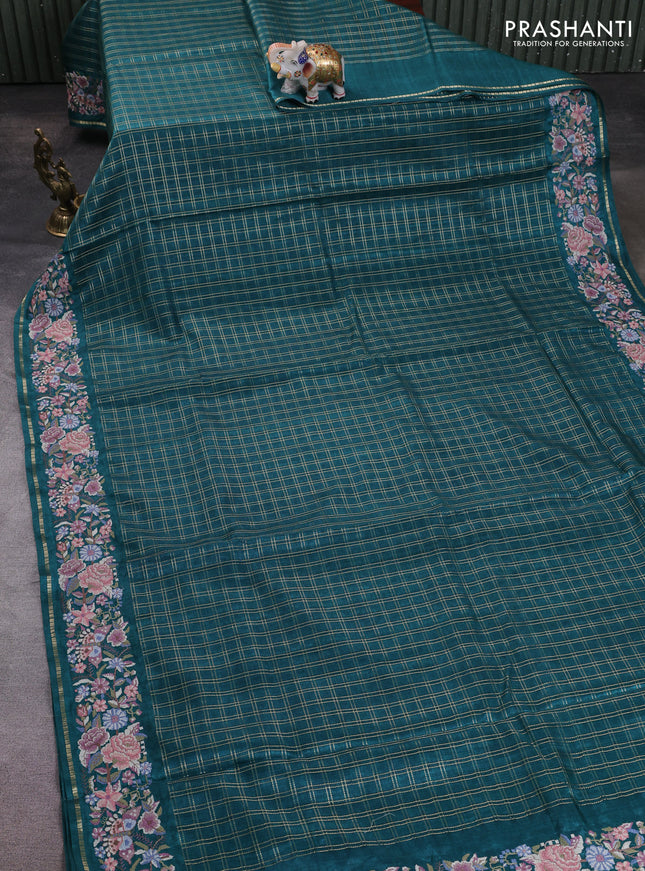 Semi tussar saree peacock green with allover zari checked pattern and convent embroidery border