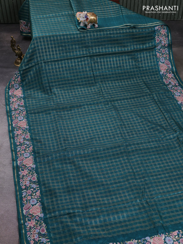 Semi tussar saree peacock green with allover zari checked pattern and convent embroidery border