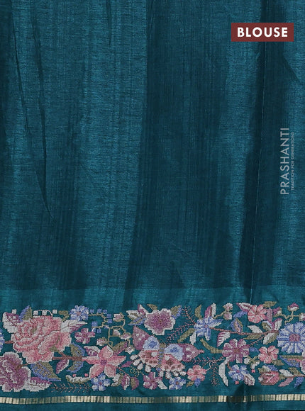 Semi tussar saree peacock green with allover zari checked pattern and convent embroidery border