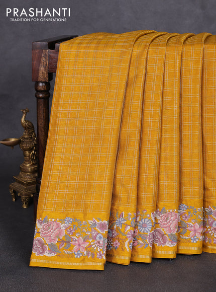 Semi tussar saree mustard yellow with allover zari checked pattern and convent embroidery border