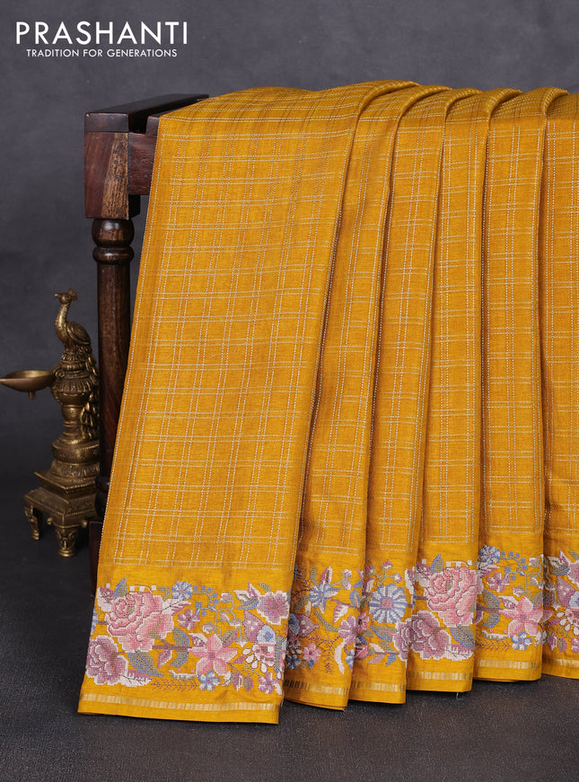Semi tussar saree mustard yellow with allover zari checked pattern and convent embroidery border