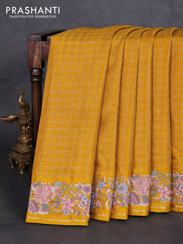 Semi tussar saree mustard yellow with allover zari checked pattern and convent embroidery border