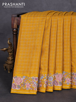 Semi tussar saree mustard yellow with allover zari checked pattern and convent embroidery border