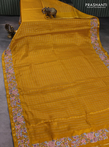 Semi tussar saree mustard yellow with allover zari checked pattern and convent embroidery border