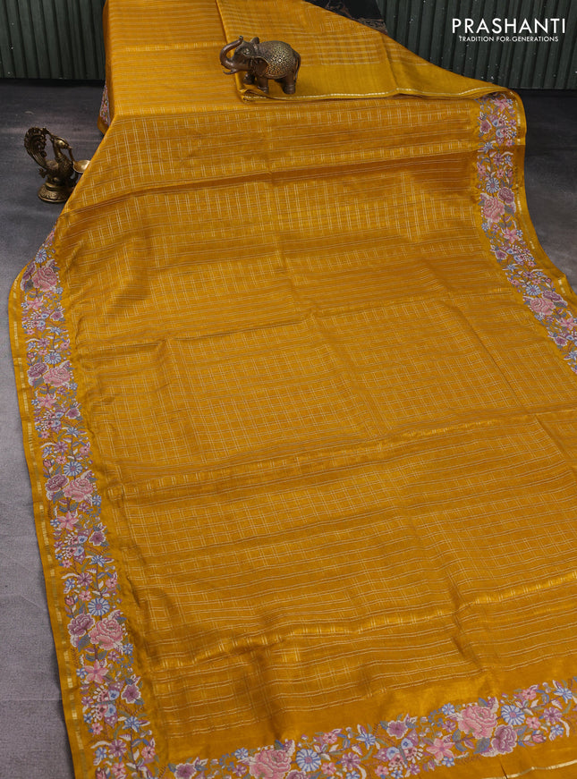 Semi tussar saree mustard yellow with allover zari checked pattern and convent embroidery border
