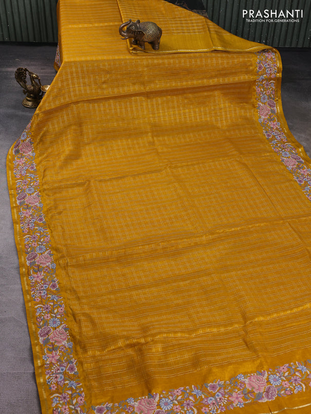Semi tussar saree mustard yellow with allover zari checked pattern and convent embroidery border