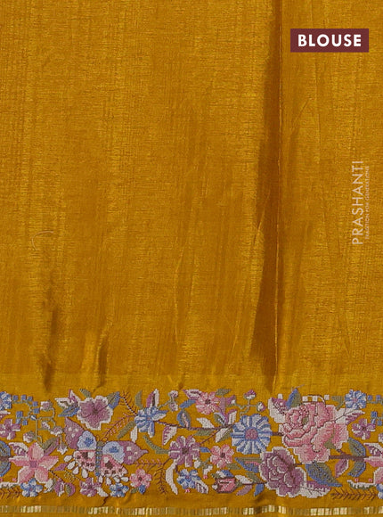 Semi tussar saree mustard yellow with allover zari checked pattern and convent embroidery border