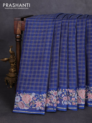 Semi tussar saree navy blue with allover zari checked pattern and convent embroidery border