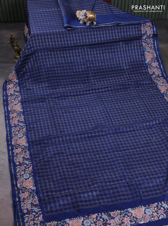 Semi tussar saree navy blue with allover zari checked pattern and convent embroidery border
