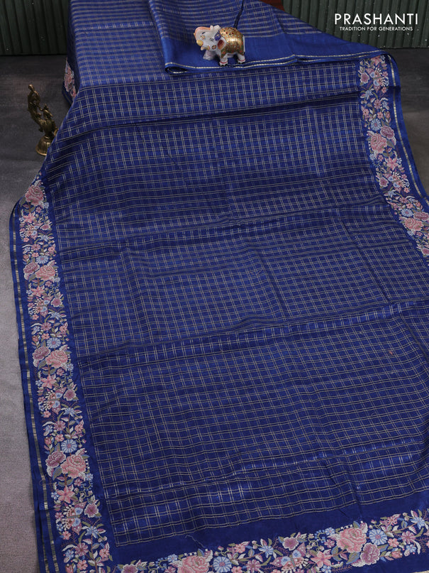 Semi tussar saree navy blue with allover zari checked pattern and convent embroidery border