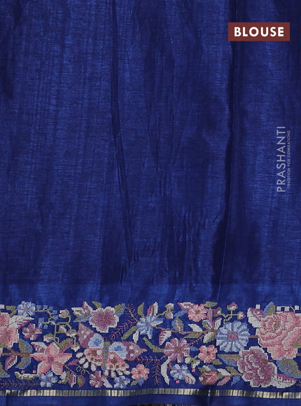 Semi tussar saree navy blue with allover zari checked pattern and convent embroidery border