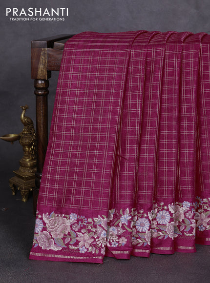 Semi tussar saree dark pink with allover zari checked pattern and convent embroidery border