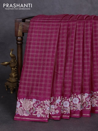 Semi tussar saree dark pink with allover zari checked pattern and convent embroidery border