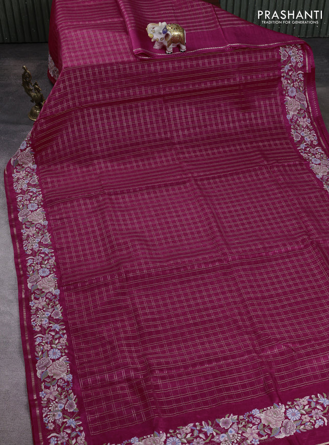 Semi tussar saree dark pink with allover zari checked pattern and convent embroidery border