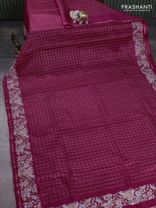 Semi tussar saree dark pink with allover zari checked pattern and convent embroidery border
