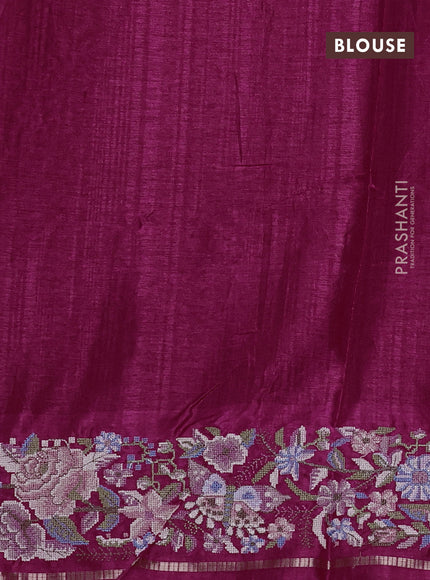 Semi tussar saree dark pink with allover zari checked pattern and convent embroidery border