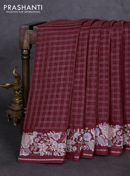 Semi tussar saree deep maroon with allover zari checked pattern and convent embroidery border