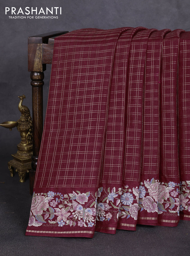 Semi tussar saree deep maroon with allover zari checked pattern and convent embroidery border