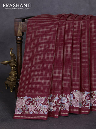 Semi tussar saree deep maroon with allover zari checked pattern and convent embroidery border