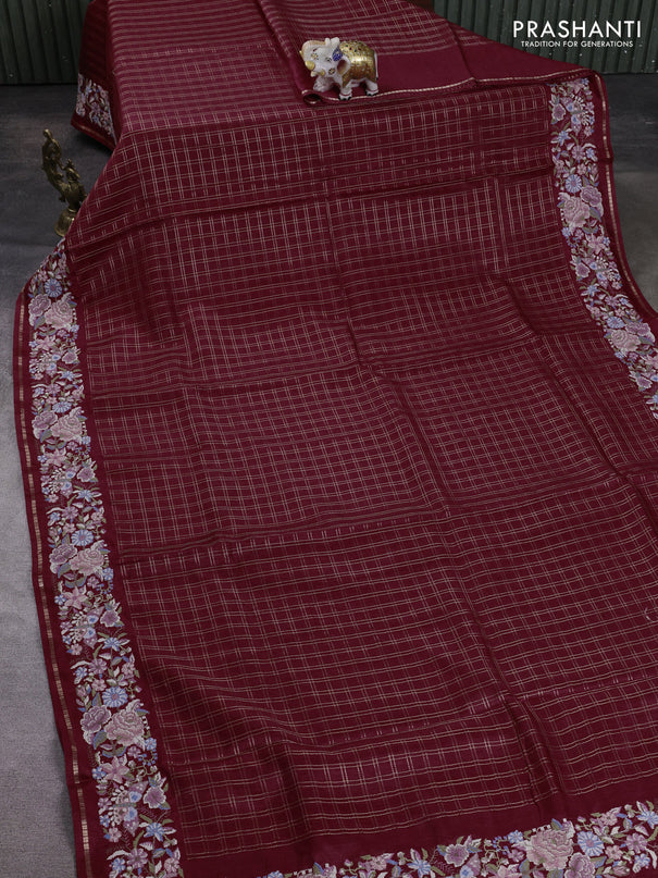 Semi tussar saree deep maroon with allover zari checked pattern and convent embroidery border