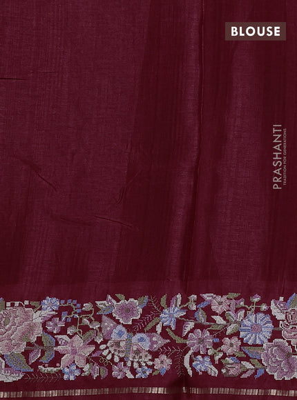 Semi tussar saree deep maroon with allover zari checked pattern and convent embroidery border