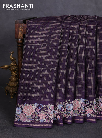 Semi tussar saree deep violet with allover zari checked pattern and convent embroidery border
