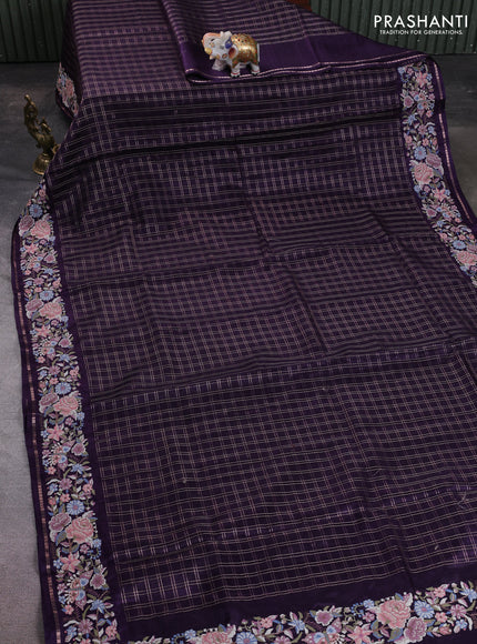 Semi tussar saree deep violet with allover zari checked pattern and convent embroidery border