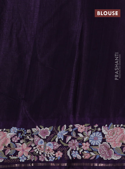 Semi tussar saree deep violet with allover zari checked pattern and convent embroidery border