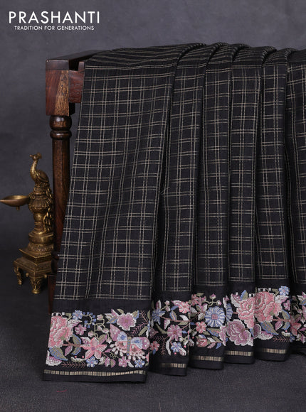 Semi tussar saree black with allover zari checked pattern and convent embroidery border
