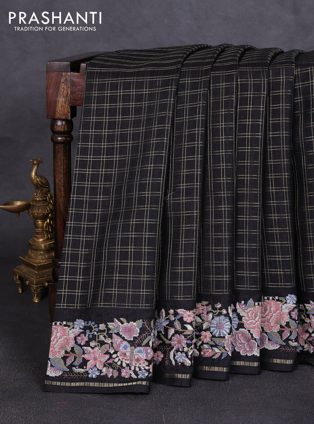 Semi tussar saree black with allover zari checked pattern and convent embroidery border