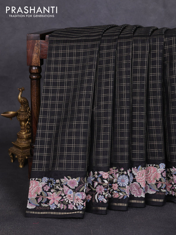 Semi tussar saree black with allover zari checked pattern and convent embroidery border