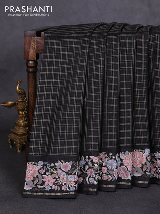 Semi tussar saree black with allover zari checked pattern and convent embroidery border