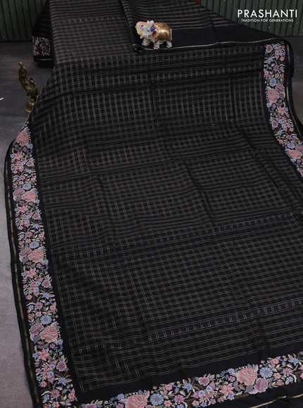 Semi tussar saree black with allover zari checked pattern and convent embroidery border