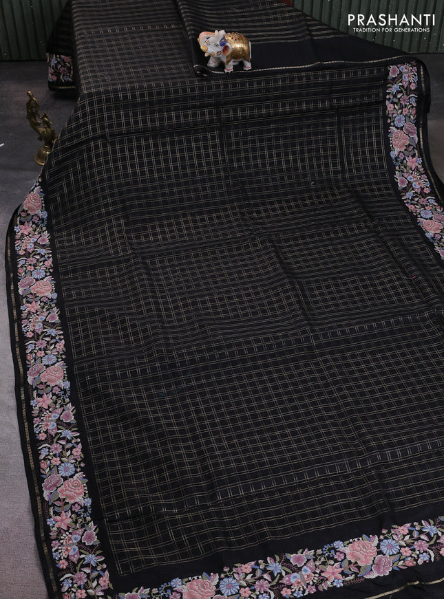 Semi tussar saree black with allover zari checked pattern and convent embroidery border