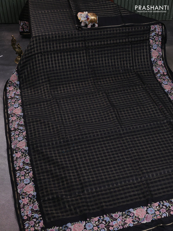 Semi tussar saree black with allover zari checked pattern and convent embroidery border